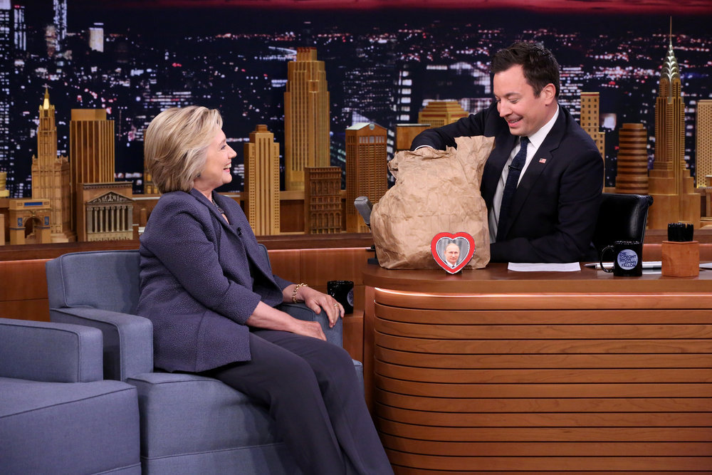 THE TONIGHT SHOW STARRING JIMMY FALLON -- Episode 0536 -- Pictured: (l-r) Democratic Presidential Candidate Hillary Clinton during an interview with host Jimmy Fallon on September 19, 2016 -- (Photo by: Andrew Lipovsky/NBC)
