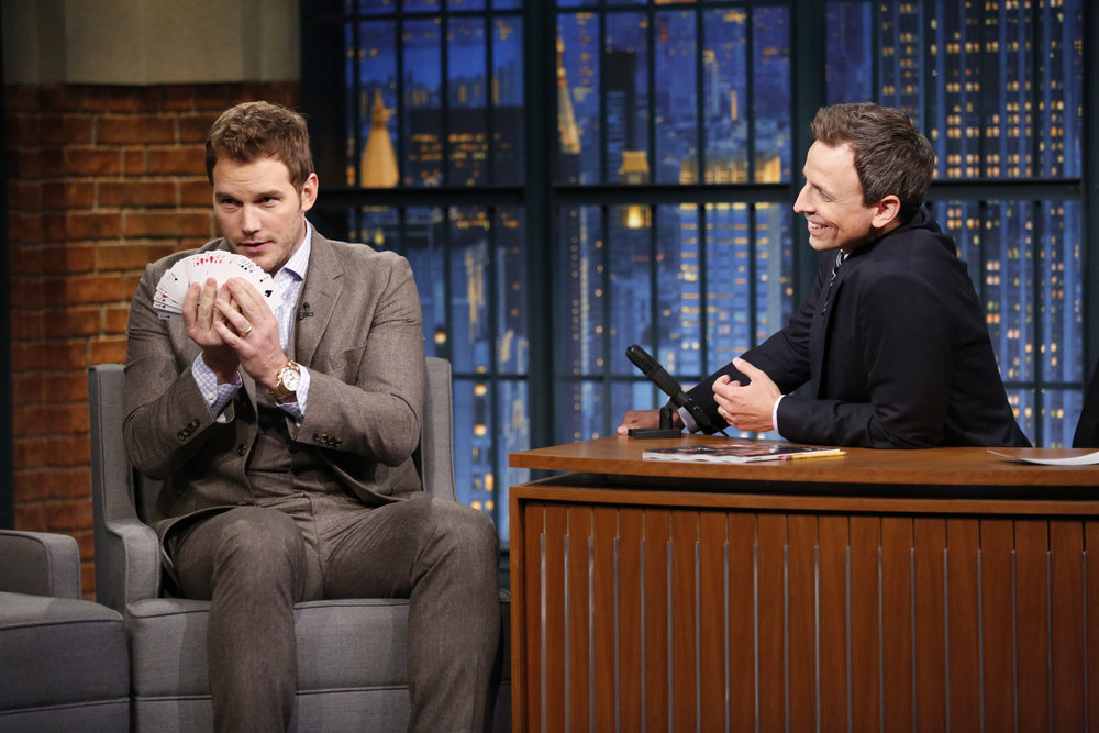 LATE NIGHT WITH SETH MEYERS -- Episode 424 -- Pictured: (l-r) Actor Chris Pratt during an interview with host Seth Meyers on September 22, 2016 -- (Photo by: Lloyd Bishop/NBC)