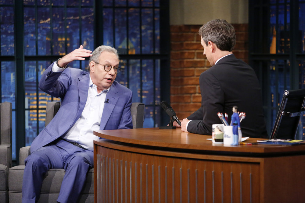 LATE NIGHT WITH SETH MEYERS -- Episode 419 -- Pictured: (l-r) Comedian Lewis Black during an interview with host Seth Meyers on September 14, 2016 -- (Photo by: Lloyd Bishop/NBC)