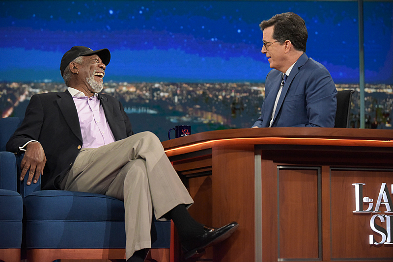 The Late Show with Stephen Colbert with Morgan Freeman during Thursday's 9/29/16 show in New York. Photo: Scott Kowalchyk/CBS ÃÂ©2016CBS Broadcasting Inc. All Rights Reserved.