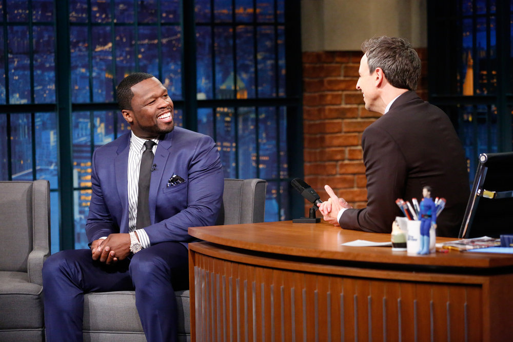 LATE NIGHT WITH SETH MEYERS -- Episode 454 -- Pictured: (l-r) Curtis "50 Cent" Jackson during an interview with host Seth Meyers on November 23, 2016 -- (Photo by: Lloyd Bishop/NBC)