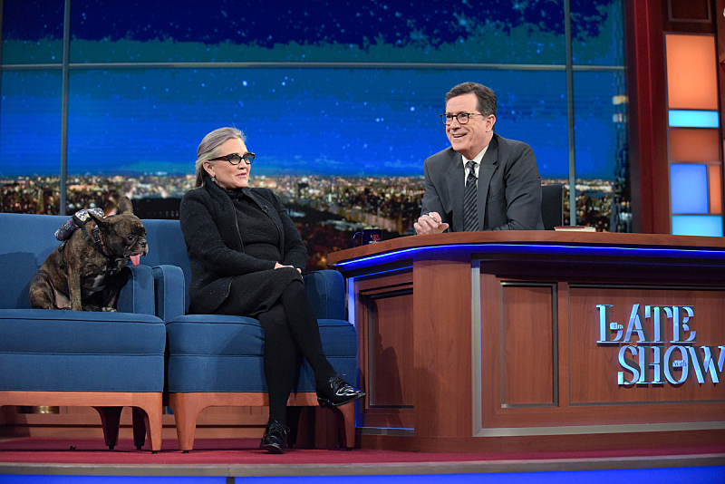 The Late Show with Stephen Colbert and guest Carrie Fisher during Monday's 11/21/16 show in New York. Photo: Scott Kowalchyk/CBS ÃÂ©2016CBS Broadcasting Inc. All Rights Reserved.