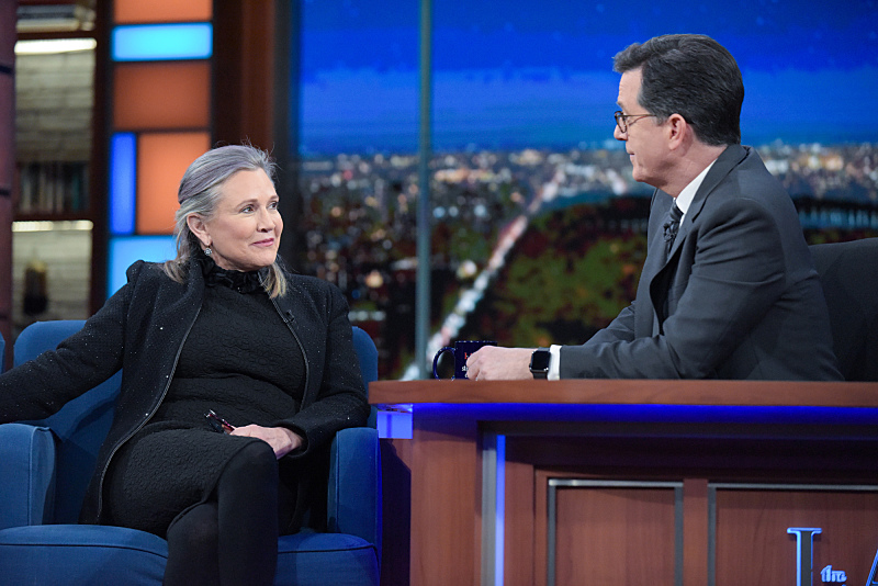 The Late Show with Stephen Colbert and guest Carrie Fisher during Monday's 11/21/16 show in New York. Photo: Scott Kowalchyk/CBS ÃÂ©2016CBS Broadcasting Inc. All Rights Reserved.