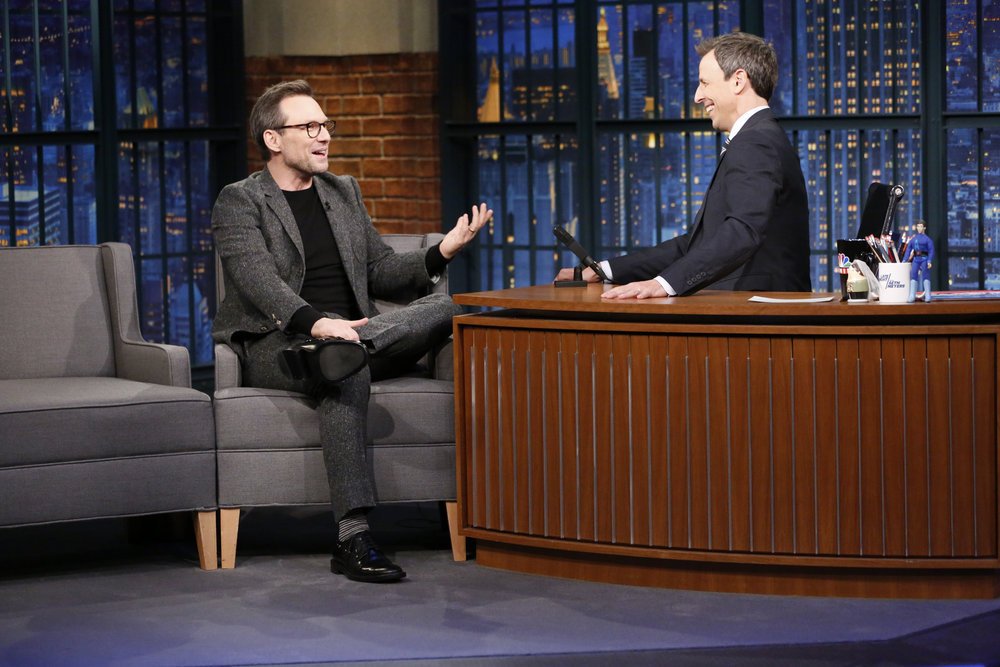 LATE NIGHT WITH SETH MEYERS -- Episode 443 -- Pictured: (l-r) Actor Christian Slater during an interview with host Seth Meyers on November 2, 2016 -- (Photo by: Lloyd Bishop/NBC)