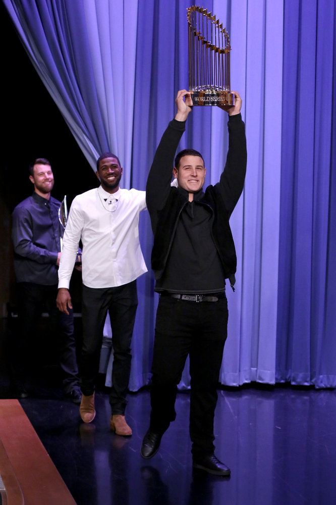 THE TONIGHT SHOW STARRING JIMMY FALLON -- Episode 0566 -- Pictured: (l-r) Baseball players Ben Zobrist, Dexter Fowler, and Anthony Rizzo of the 2016 World Series Champions Chicago Cubs arrive on November 7, 2016 -- (Photo by: Andrew Lipovsky/NBC)