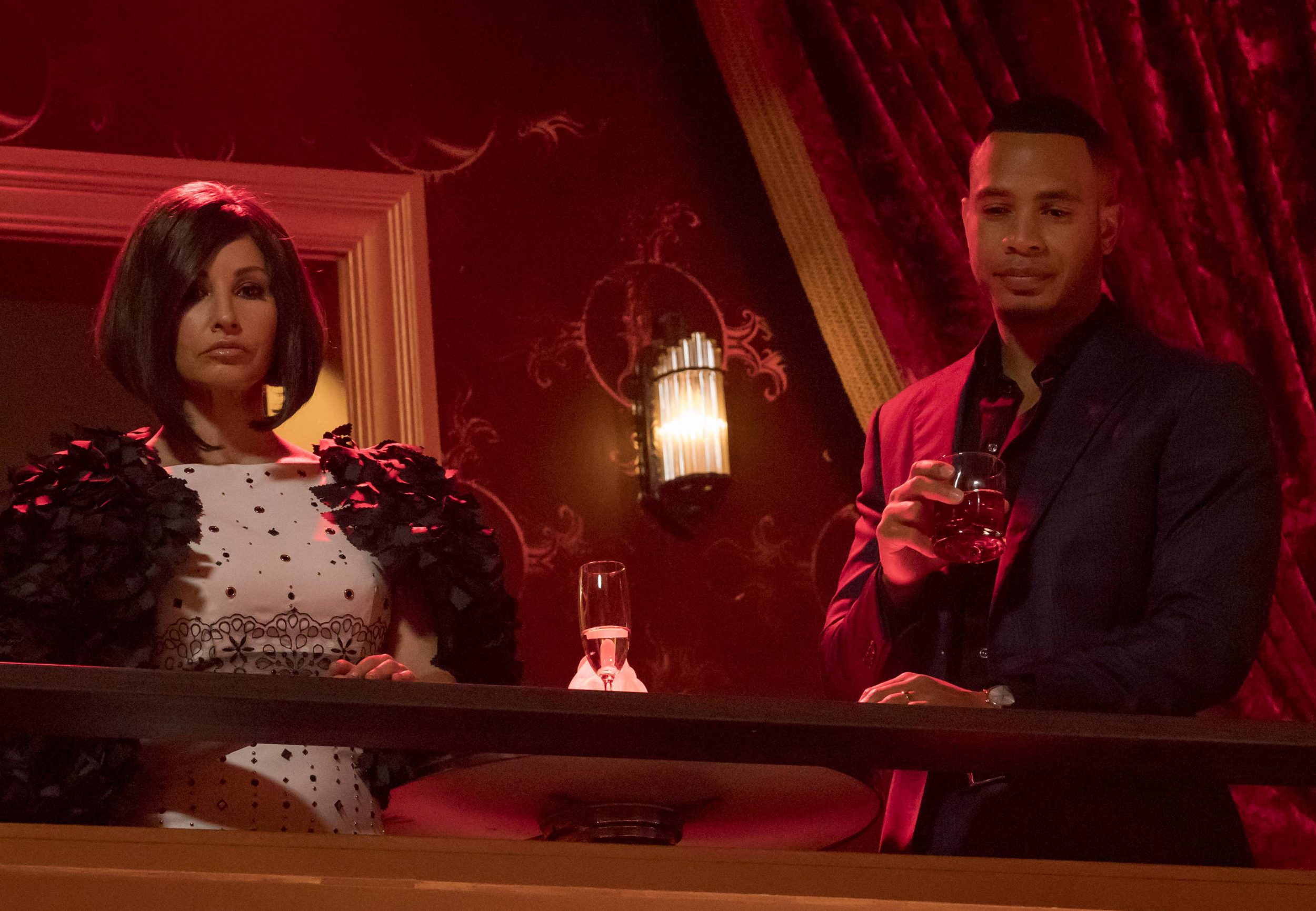 EMPIRE:  Pictured L-R: Guest star Gina Gershon and Trai Byers in the "The Unkindest Cut" episode of EMPIRE airing Dec. 7 (9:00-10:00 PM ET/PT) on FOX. ©2016 Fox Broadcasting Co. CR: Chuck Hodes/FOX