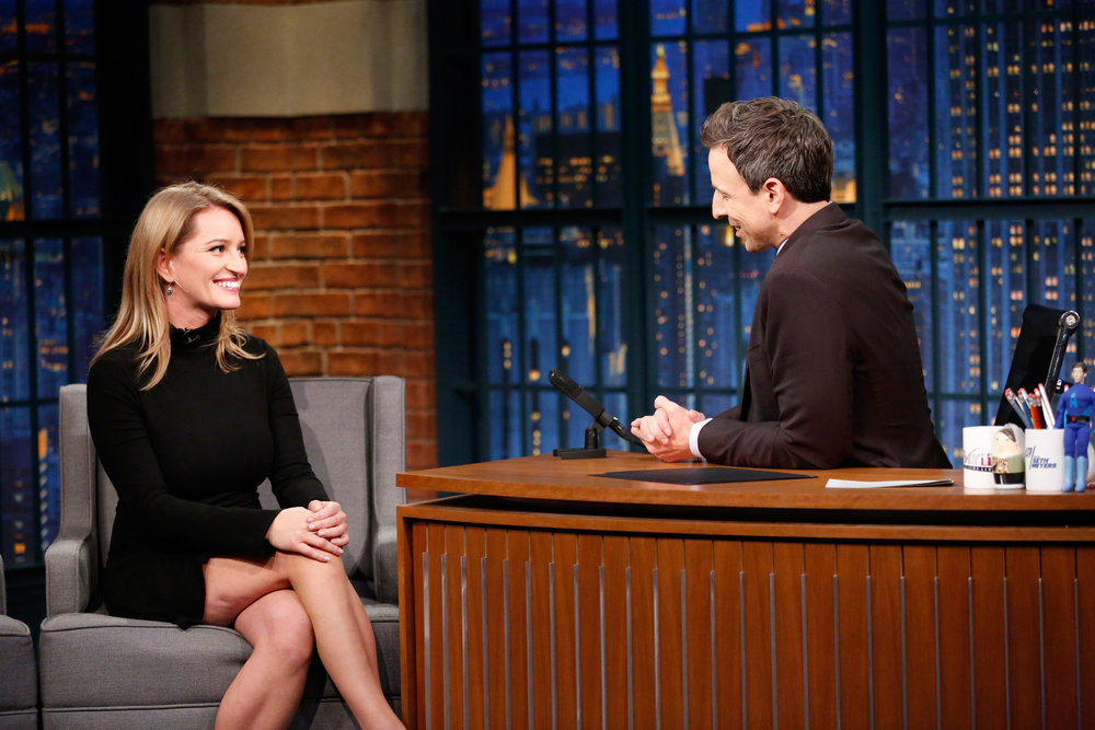 LATE NIGHT WITH SETH MEYERS -- Episode 454 -- Pictured: (l-r) Journalist Katy Tur during an interview with host seth Meyers on November 23, 2016 -- (Photo by: Lloyd Bishop/NBC)