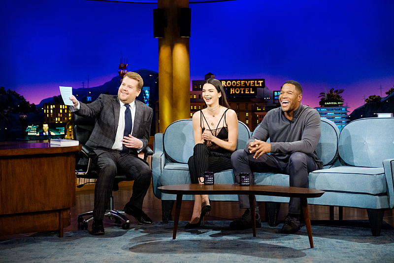 Kendall Jenner and Michael Strahan chat with James Corden during "The Late Late Show with James Corden," Friday, November 11, 2016 (12:35 PM-1:37 AM ET/PT) On The CBS Television Network.  Photo: Terence Patrick/CBS ÃÂ©2016 CBS Broadcasting, Inc. All Rights Reserved