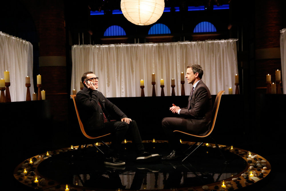 LATE NIGHT WITH SETH MEYERS -- Episode 454 -- Pictured: (l-r) Bandleader Fred Armisen, host Seth Meyers during a segment on on November 23, 2016 -- (Photo by: Lloyd Bishop/NBC)