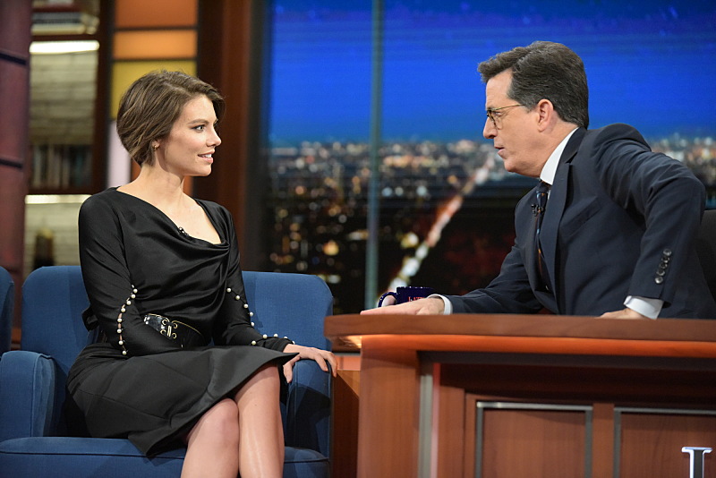 The Late Show with Stephen Colbert and guest Lauren Cohan during Wednesday's 11/30/16 show in New York. Photo: Scott Kowalchyk/CBS ©2016CBS Broadcasting Inc. All Rights Reserved.