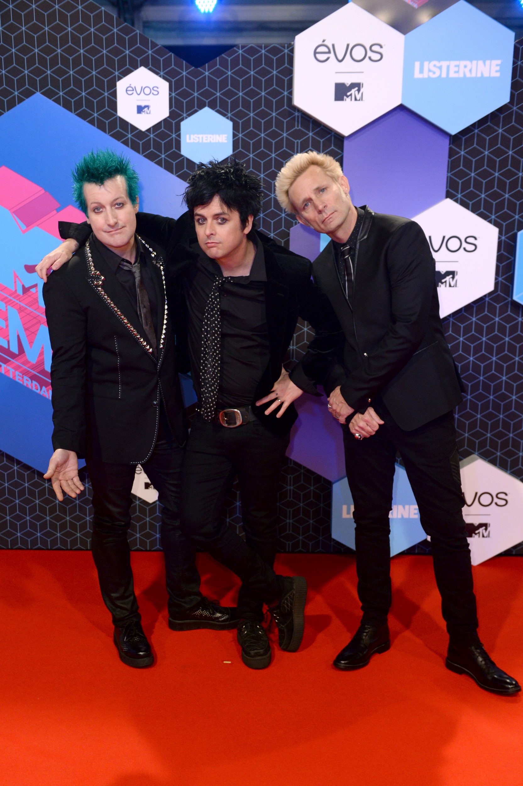 ROTTERDAM, NETHERLANDS - NOVEMBER 06: (L-R) Tre Cool, Billie Joe Armstrong and Mike Dirnt of Green Day attend the MTV Europe Music Awards 2016 on November 6, 2016 in Rotterdam, Netherlands. (Photo by Anthony Harvey/Getty Images for MTV) *** Local Caption *** Tre Cool;Billie Joe Armstrong;Mike Dirnt