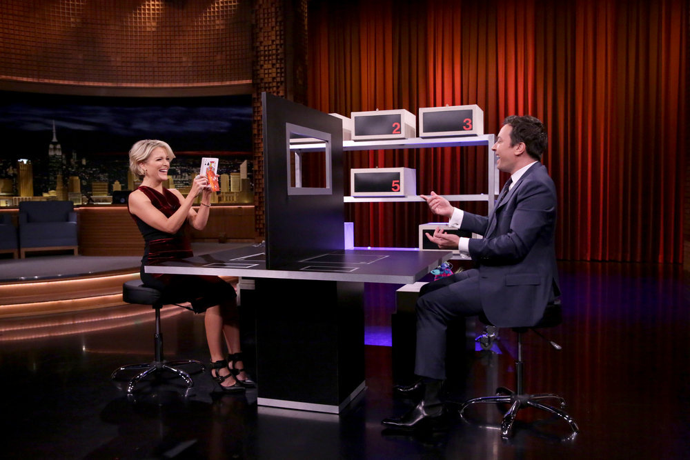 THE TONIGHT SHOW STARRING JIMMY FALLON -- Episode 0574 -- Pictured: (l-r) Journalist Megyn Kelly and host Jimmy Fallon play "Box of Lies" on November 18, 2016 -- (Photo by: Andrew Lipovsky/NBC)