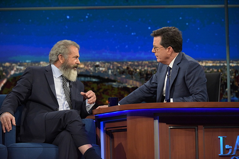 The Late Show with Stephen Colbert with Mel Gibson during Tuesday's 11/1/16 show in New York. Photo: Scott Kowalchyk/CBS ©2016CBS Broadcasting Inc. All Rights Reserved.