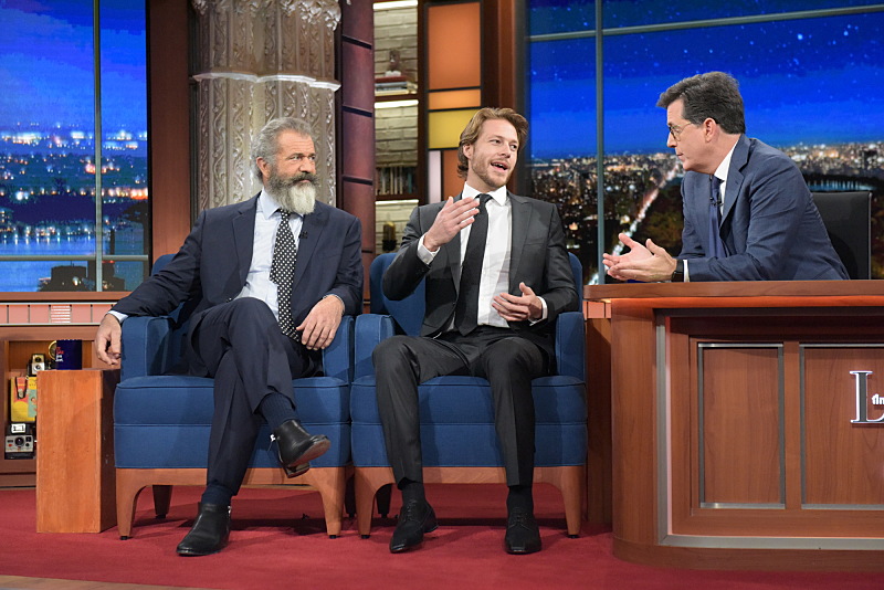 The Late Show with Stephen Colbert with Mel Gibson and Luke Bracey during Tuesday's 11/1/16 show in New York. Photo: Scott Kowalchyk/CBS ©2016CBS Broadcasting Inc. All Rights Reserved.