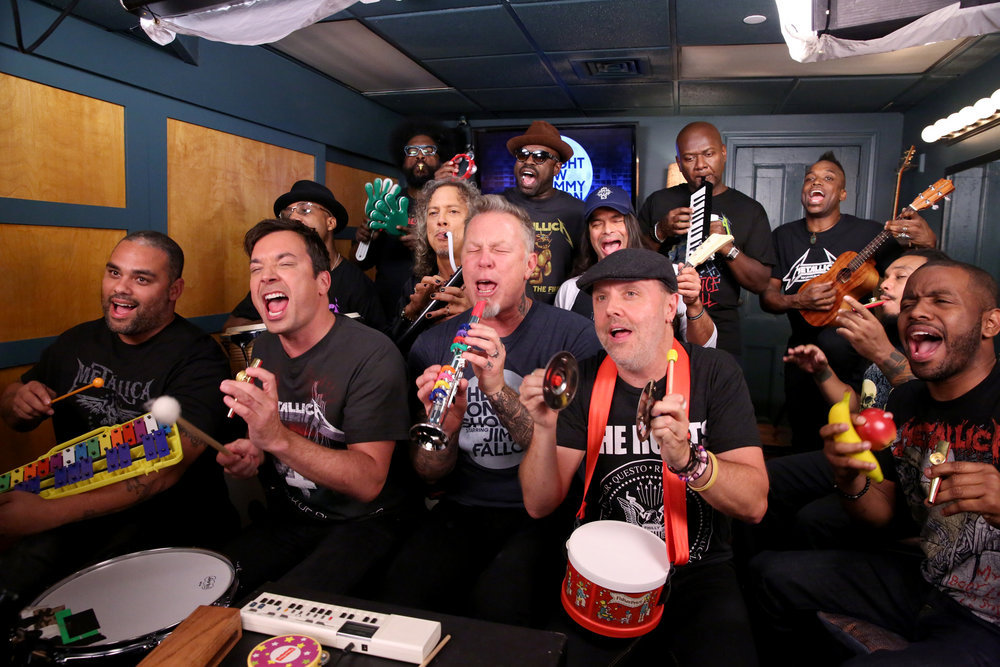 THE TONIGHT SHOW STARRING JIMMY FALLON -- Episode 0572 -- Pictured: (l-r) James Kamal Gray, host Jimmy Fallon, Frank Knuckles Walker, Ahmir "Questlove" Thompson, Kirk Hammett, James Hetfield, Tariq Black Thought Trotter, Robert Trujillo, Lars Ulrich, James Poyser, Kirk Captain Kirk Douglas, Mark Kelley, and Damon Tuba Gooding Jr. Bryson sing during the "Metallica Music Room" sketch on November 16, 2016 -- (Photo by: Andrew Lipovsky/NBC)