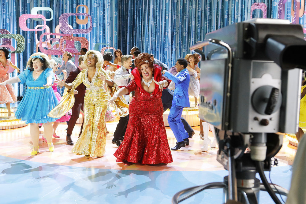 HAIRSPRAY LIVE! -- BTS Promo -- Pictured: (l-r) Maddie Baillio as Tracy Turnblad, Jennifer Hudson as Motormouth Maybelle, Harvey Fierstein as Edna Turnblad -- (Photo by: Trae Patton/NBC)
