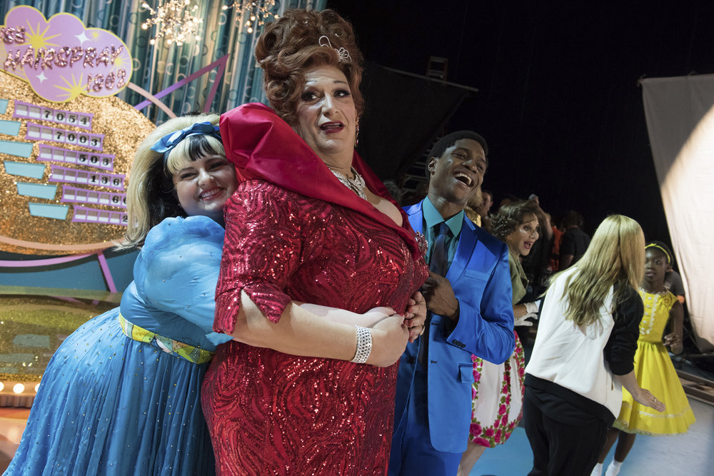 HAIRSPRAY LIVE! -- BTS Promo -- Pictured: (l-r) Maddie Baillio as Tracy Turnblad, Harvey Fierstein as Edna Turnblad, Ephraim Sykes as Seaweed J. Stubbs -- (Photo by: Colleen Hayes/NBC)