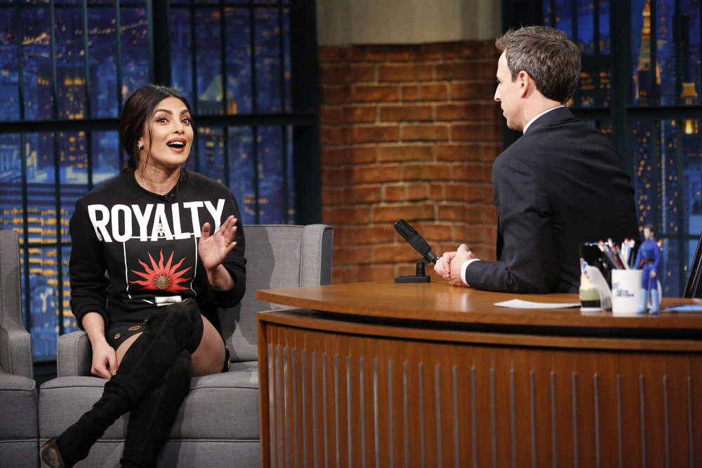 LATE NIGHT WITH SETH MEYERS -- Episode 443 -- Pictured: (l-r) Actress Priyanka Chopra during an interview with host Seth Meyers on November 2, 2016 -- (Photo by: Lloyd Bishop/NBC)