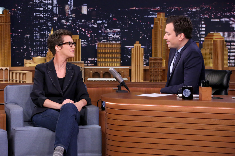 THE TONIGHT SHOW STARRING JIMMY FALLON -- Episode 0564 -- Pictured: (l-r) Television personality Rachel Maddow during an interview with host Jimmy Fallon on November 3, 2016 -- (Photo by: Andrew Lipovsky/NBC)