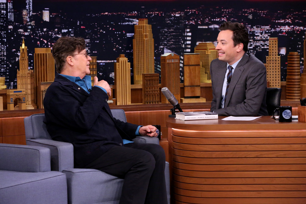 THE TONIGHT SHOW STARRING JIMMY FALLON -- Episode 0571 -- Pictured: (l-r) Musician Robbie Robertson during an interview with host Jimmy Fallon on November 15, 2016 -- (Photo by: Andrew Lipovsky/NBC)