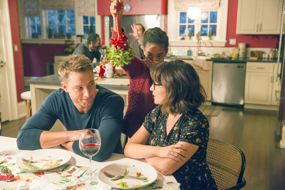 THIS IS US -- "Last Christmas" Episode 110 -- Pictured: (l-r) Justin Hartley as Kevin, Eris Baker as Tess, Milana Vayntrub as Sloane -- (Photo by: Ron Batzdorff/NBC)