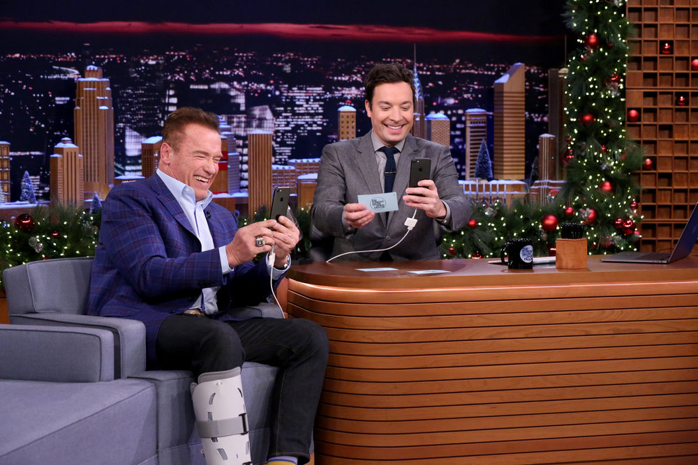 THE TONIGHT SHOW STARRING JIMMY FALLON -- Episode 0591 -- Pictured: (l-r) Actor Arnold Schwarzenegger and host Jimmy Fallon have a Snapchat Interview on December 14, 2016 -- (Photo by: Andrew Lipovsky/NBC)