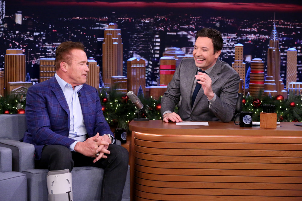 THE TONIGHT SHOW STARRING JIMMY FALLON -- Episode 0591 -- Pictured: (l-r) Actor Arnold Schwarzenegger during an interview with host Jimmy Fallon on December 14, 2016 -- (Photo by: Andrew Lipovsky/NBC)