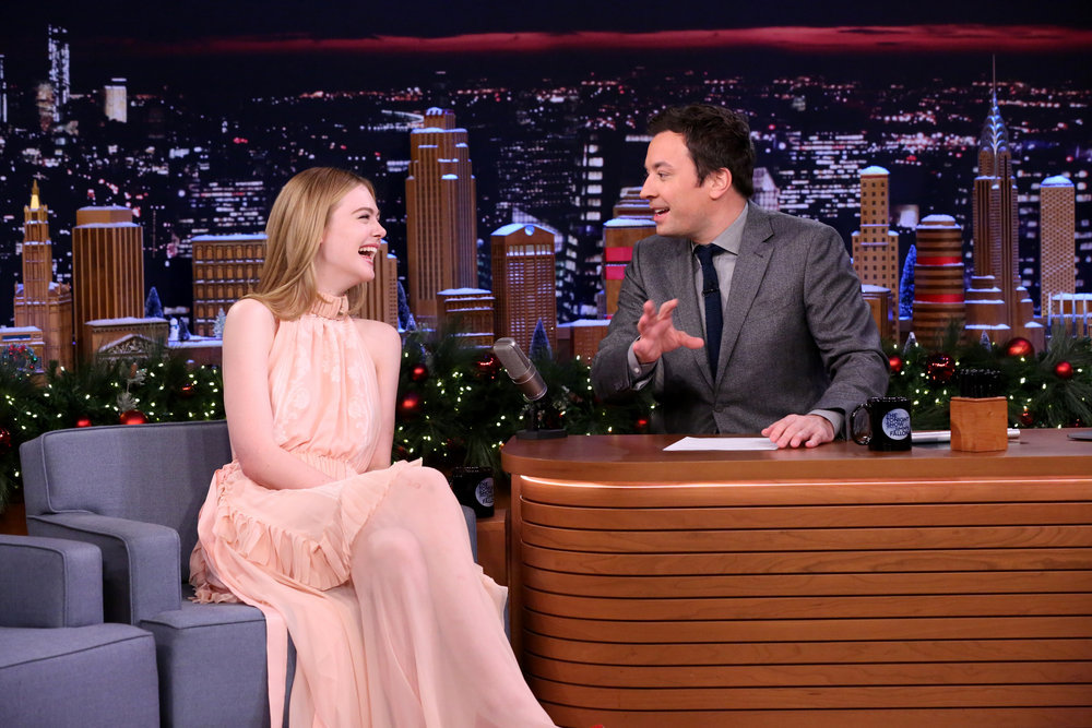 THE TONIGHT SHOW STARRING JIMMY FALLON -- Episode 0591 -- Pictured: (l-r) Actress Elle Fanning during an interview with host Jimmy Fallon on December 14, 2016 -- (Photo by: Andrew Lipovsky/NBC)