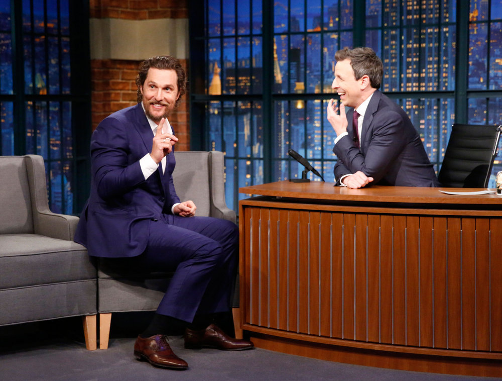 LATE NIGHT WITH SETH MEYERS -- Episode 467 -- Pictured: (l-r) Actor Matthew McConaughey during an interview with host Seth Meyers on December 22, 2016 -- (Photo by: Lloyd Bishop/NBC)