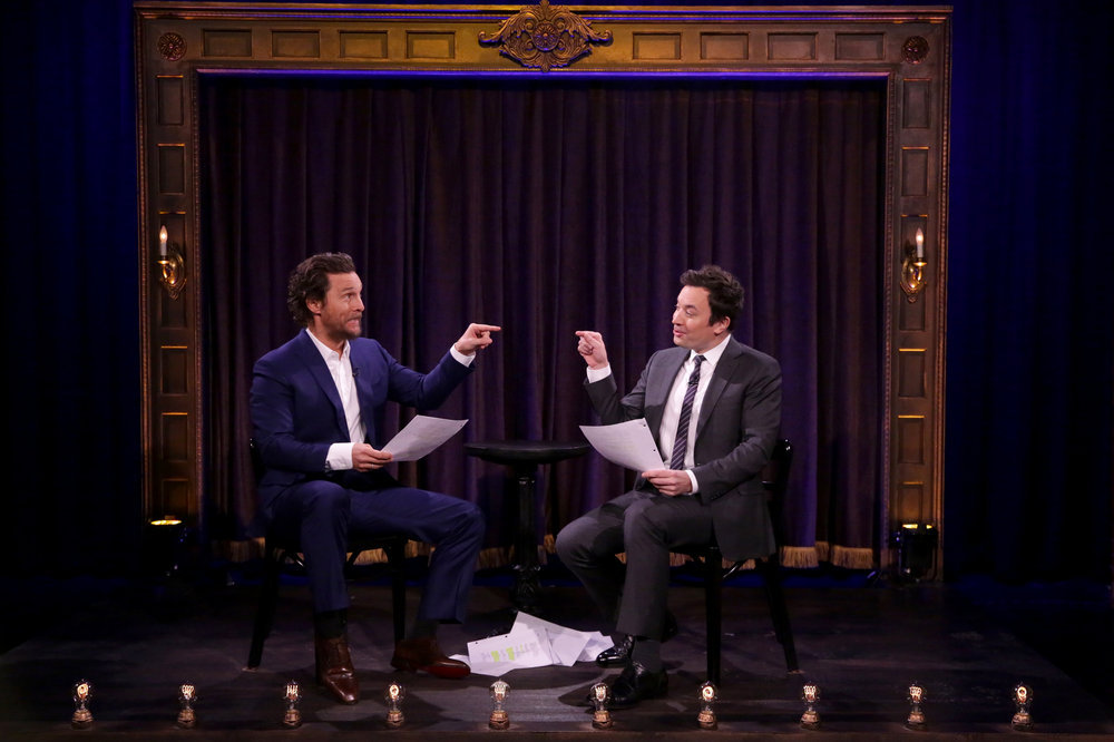 THE TONIGHT SHOW STARRING JIMMY FALLON -- Episode 0595 -- Pictured: (l-r) Actor Matthew McConaughey and host Jimmy Fallon during the "Kid Theater" sketch on December 20, 2016 -- (Photo by: Andrew Lipovsky/NBC)