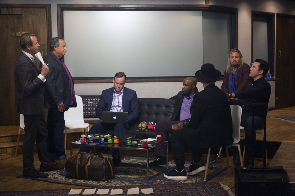 THE NEW CELEBRITY APPRENTICE -- "In Here You Call Me Governor" Episode 1502 -- Pictured: (l-r) Carson Kressley, John Lovitz, Matt Iseman, Ricky Williams, Vince Neil, Chael Sonnen, Boy George -- (Photo by: Luis Trinh/NBC)