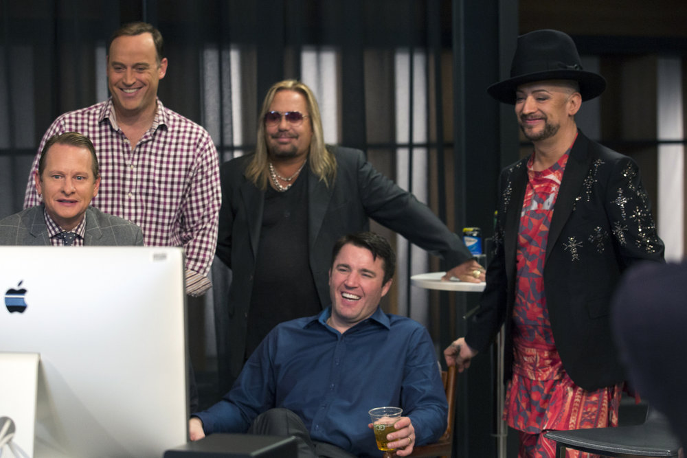 THE NEW CELEBRITY APPRENTICE -- "In Here You Call Me Governor" Episode 1502 -- Pictured: (l-r) Carson Kressley, Vince Neil, Chael Sonnen, Boy George -- (Photo by: Luis Trinh/NBC)