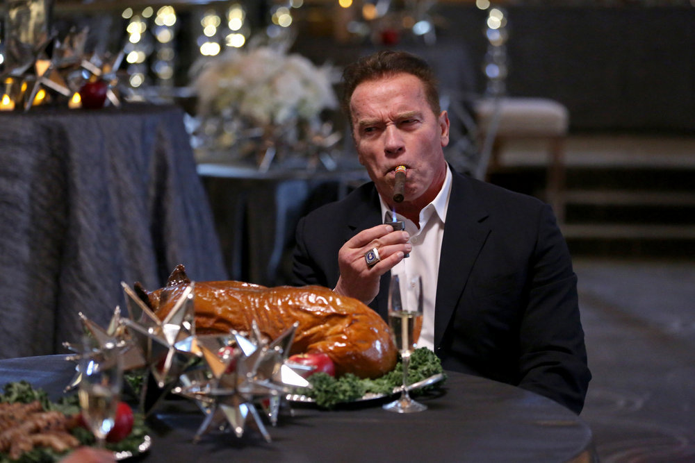LATE NIGHT WITH SETH MEYERS -- "New Year's Eve Special" -- Pictured: Arnold Schwarzenegger during the "Arnold Schwarzenegger's New Year's Eve Bash" sketch.  The "Late Night with Seth Meyers New Year's Eve Special" airs on December 31, 2016 -- (Photo by: Lloyd Bishop/NBC)