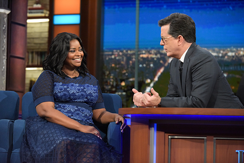 The Late Show with Stephen Colbert and guest Octavia Spencer during Thursday's 12/08/16 show in New York. Photo: Scott Kowalchyk/CBS ÃÂ©2016CBS Broadcasting Inc. All Rights Reserved.