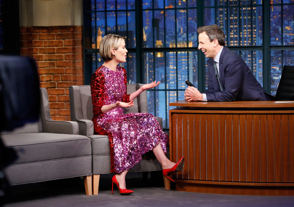 LATE NIGHT WITH SETH MEYERS -- Episode 464 -- Pictured: (l-r) Actress Sarah Paulson during an interview with host Seth Meyers on December 19, 2016 -- (Photo by: Lloyd Bishop/NBC)