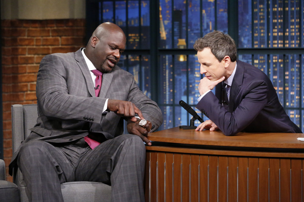 LATE NIGHT WITH SETH MEYERS -- Episode 457 -- Pictured: (l-r) Former basketball player, Shaquille O'Neal, during an interview with host Seth Meyers on December 6, 2016 -- (Photo by: Lloyd Bishop/NBC)