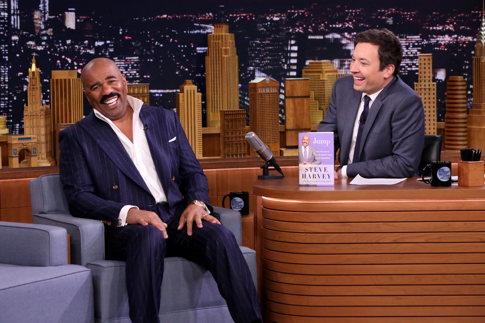 THE TONIGHT SHOW STARRING JIMMY FALLON -- Episode 0584 -- Pictured: (l-r) Television personality Steve Harvey during an interview with host Jimmy Fallon on December 05, 2016 -- (Photo by: Andrew Lipovsky/NBC)