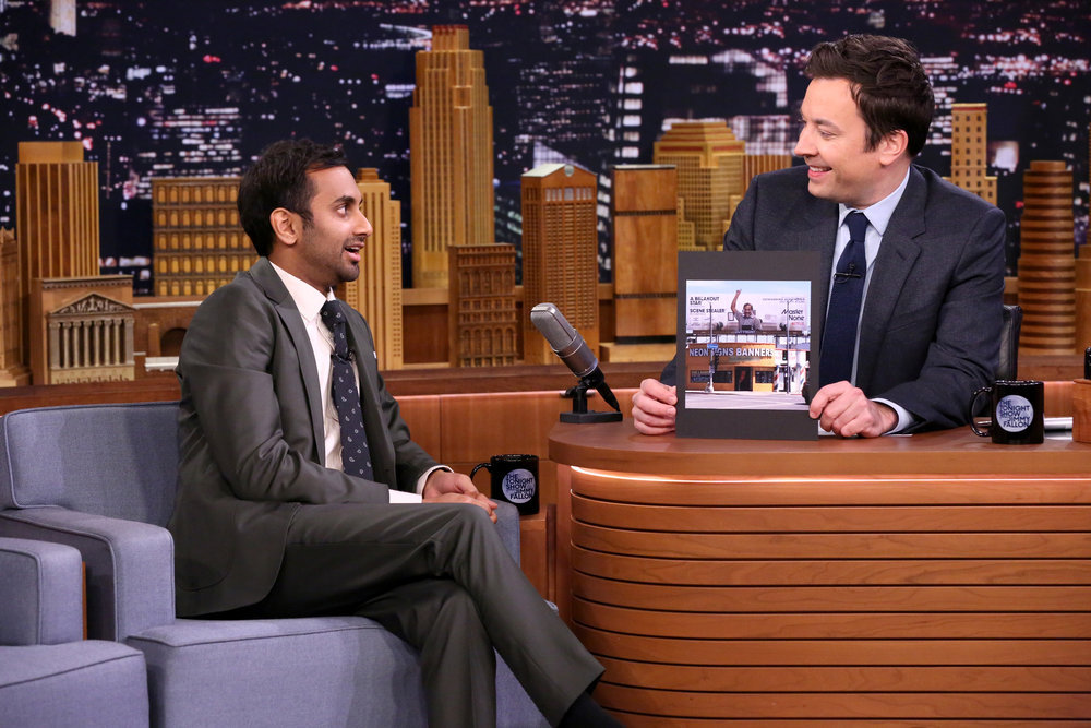 THE TONIGHT SHOW STARRING JIMMY FALLON -- Episode 0606 -- Pictured: (l-r) Comedian Aziz Ansari during an interview with host Jimmy Fallon on January 19, 2017 -- (Photo by: Andrew Lipovsky/NBC)