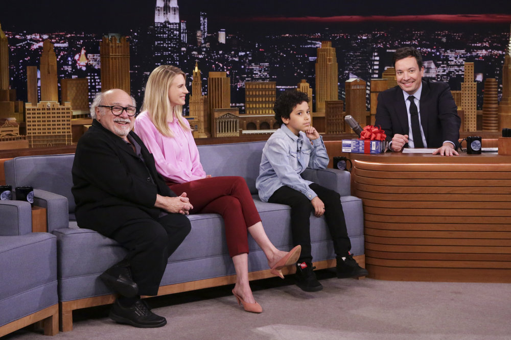 THE TONIGHT SHOW STARRING JIMMY FALLON -- Episode 0611 -- Pictured: (l-r) Actor Danny DeVito, actress Brit Marling, and 12-Year-Old Advice Expert Ciro Ortiz during an interview with host Jimmy Fallon on January 26, 2017 -- (Photo by: Andrew Lipovsky/NBC)