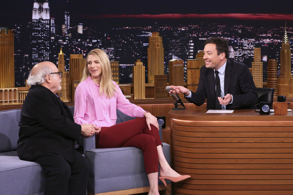 THE TONIGHT SHOW STARRING JIMMY FALLON -- Episode 0611 -- Pictured: (l-r) Actor Danny DeVito and actress Brit Marling during an interview with host Jimmy Fallon on January 26, 2017 -- (Photo by: Andrew Lipovsky/NBC)