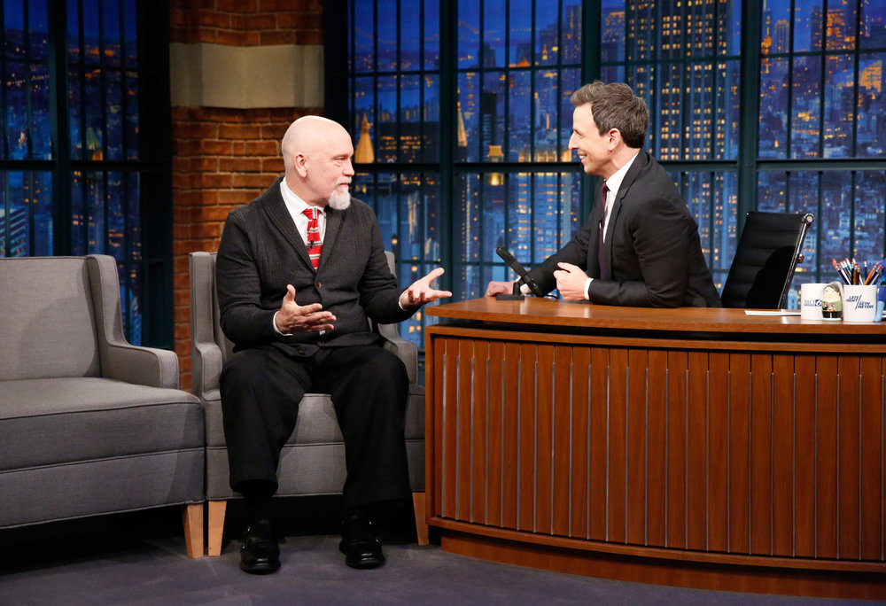 LATE NIGHT WITH SETH MEYERS -- Episode 480 -- Pictured: (l-r) Actor John Malkovich during an interview with host Seth Meyers on January 30, 2017 -- (Photo by: Lloyd Bishop/NBC)