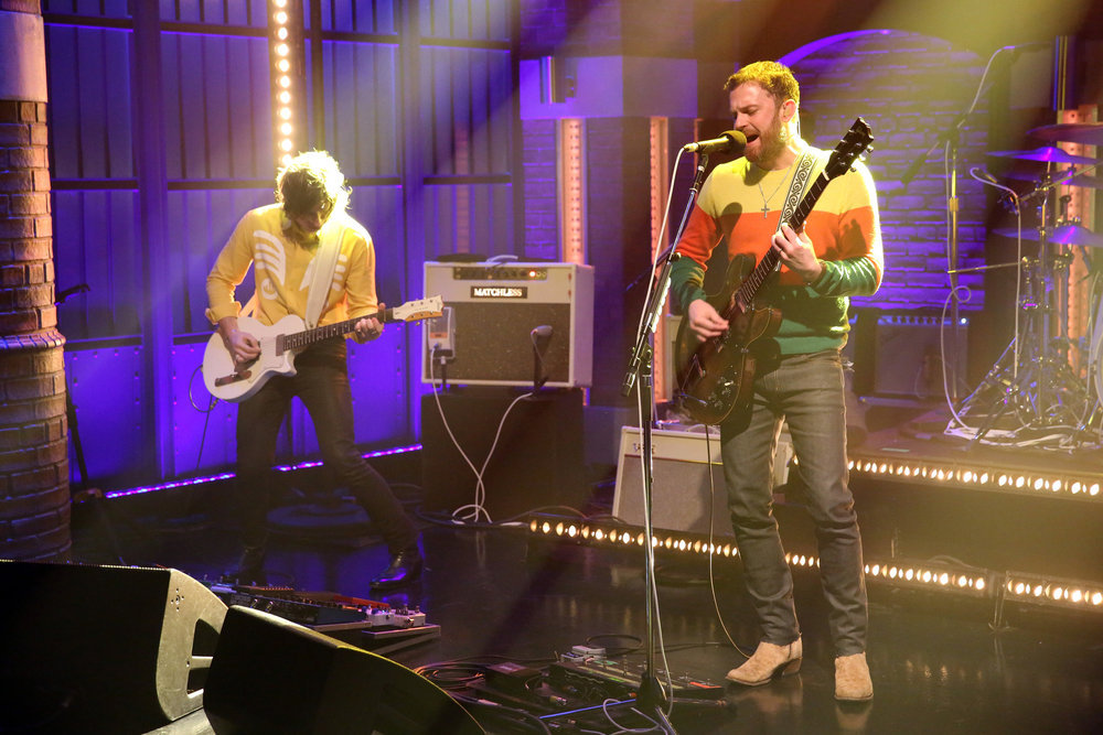 LATE NIGHT WITH SETH MEYERS -- Episode 480 -- Pictured: (l-r) Musical guests Matthew Followill, Caleb Followill of Kings of Leon perform on January 30, 2017 -- (Photo by: Lloyd Bishop/NBC)