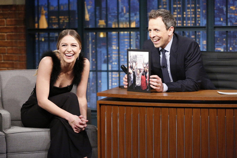 LATE NIGHT WITH SETH MEYERS -- Episode 476 -- Pictured: (l-r) Actress Melissa Benoist during an interview with host Seth Meyers on January 23, 2017 -- (Photo by: Lloyd Bishop/NBC)