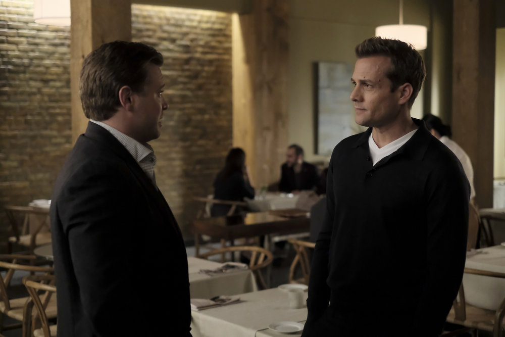 SUITS -- "The Painting" Episode 612 -- Pictured: (l-r) Billy Miller as Marcus Specter, Gabriel Macht as Harvey Specter -- (Photo by: Pana Pantazidis/USA Network)
