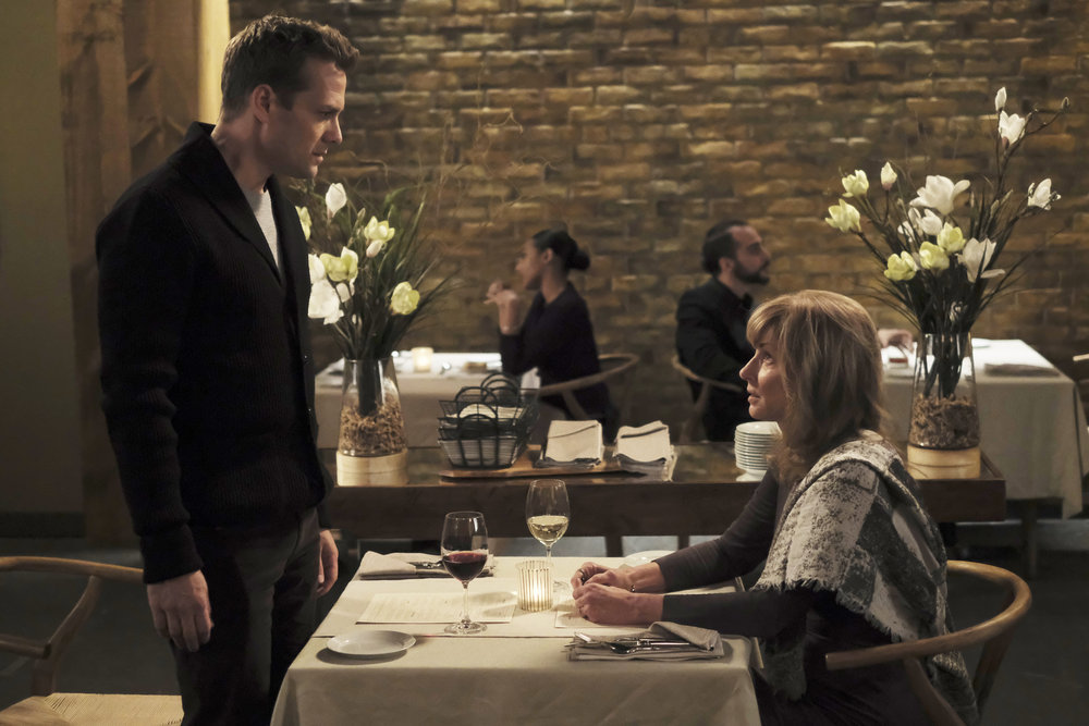 SUITS -- "The Painting" Episode 612 -- Pictured: (l-r) Gabriel Macht as Harvey Specter, Brynn Thayer as Lily Specter -- (Photo by: Pana Pantazidis/USA Network)