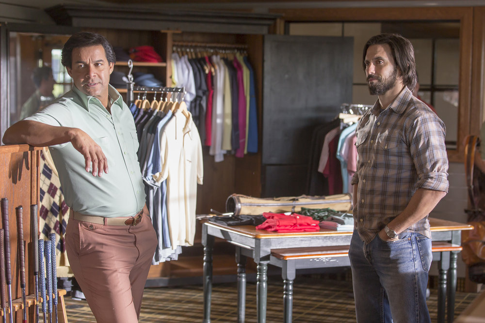 THIS IS US -- "The Big Day" Episode 112 -- Pictured: (l-r) John Huertas as Miguel, Milo Ventimiglia as Jack -- (Photo by: Ron Batzdorff/NBC)