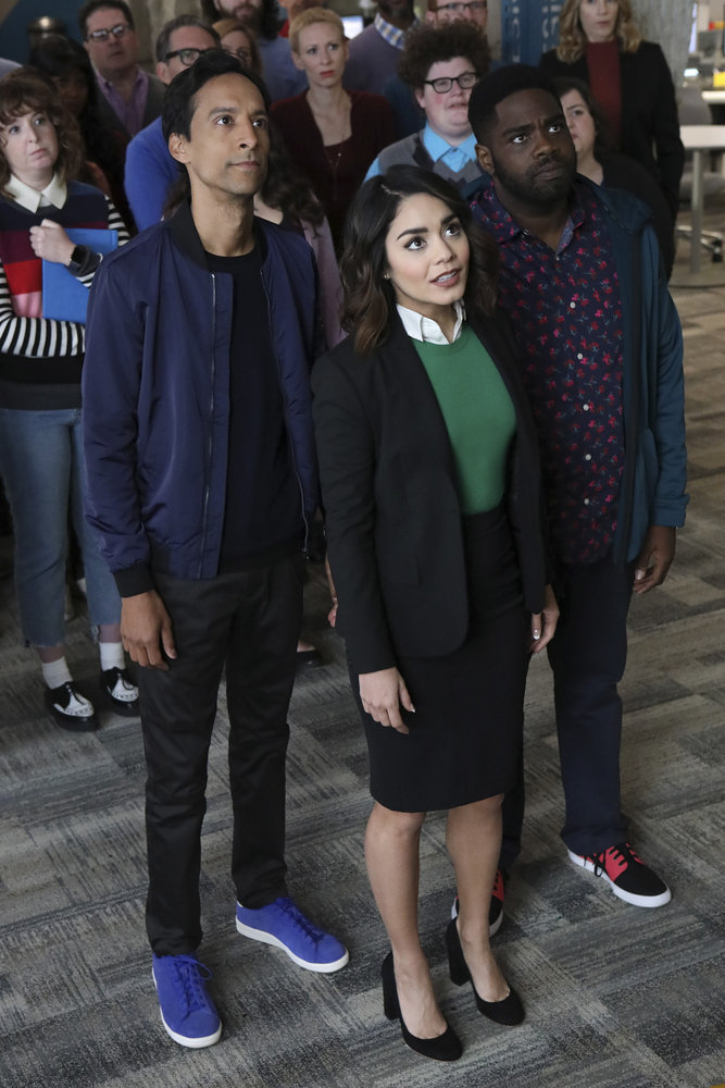 POWERLESS -- "Wayne or Lose" Episode 102 -- Pictured: (l-r) Danny Pudi as Teddy, Vanessa Hudgens as Emily, Ron Funches as Ron -- (Photo by: Evans Vestal Ward/NBC)