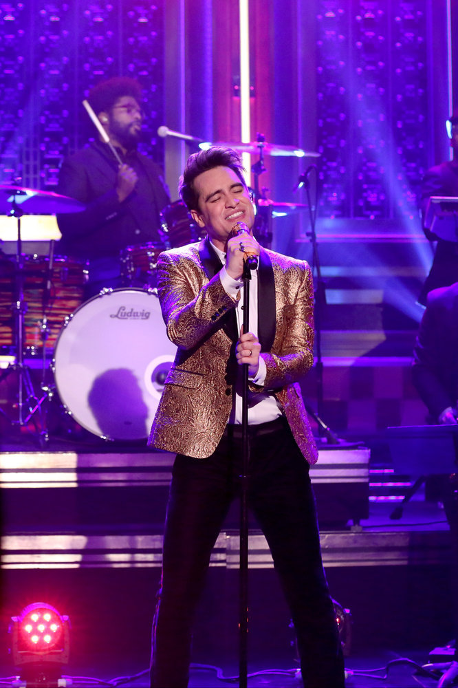 THE TONIGHT SHOW STARRING JIMMY FALLON -- Episode 0606 -- Pictured: (l-r) Brendon Urie of musical guest Panic! at the Disco performs with The Roots on January 19, 2017 -- (Photo by: Andrew Lipovsky/NBC)