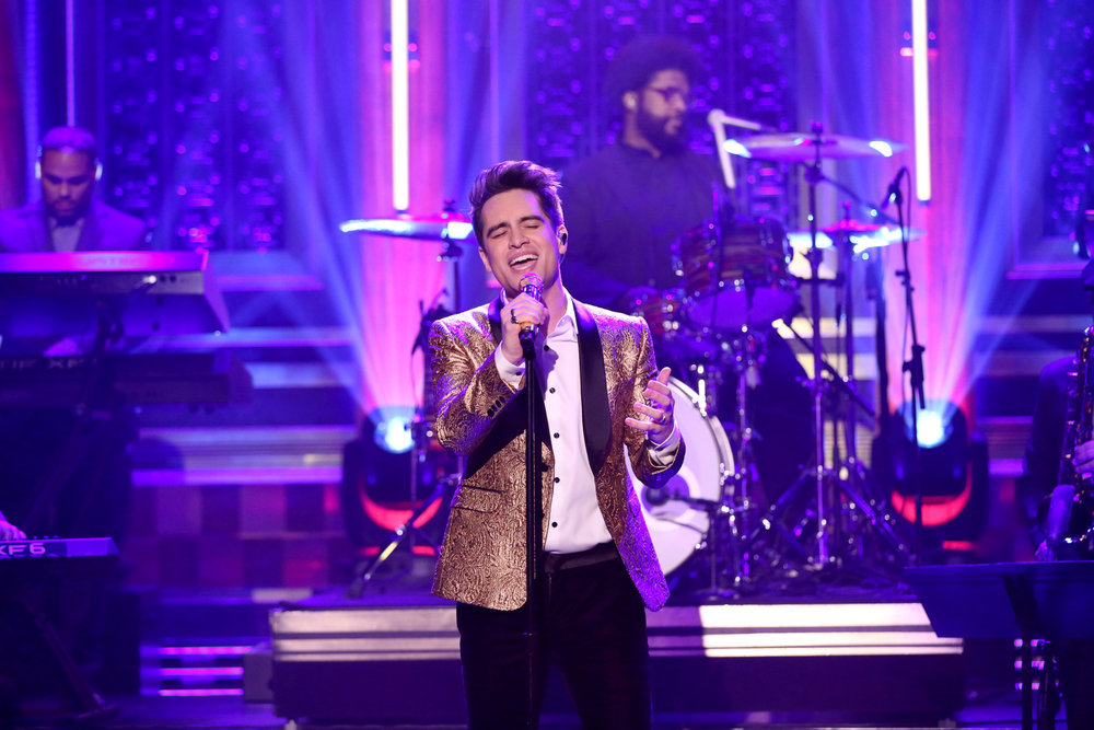 THE TONIGHT SHOW STARRING JIMMY FALLON -- Episode 0606 -- Pictured: (l-r) Brendon Urie of musical guest Panic! at the Disco performs with The Roots on January 19, 2017 -- (Photo by: Andrew Lipovsky/NBC)