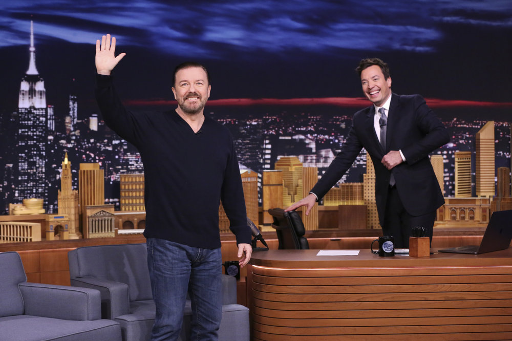 THE TONIGHT SHOW STARRING JIMMY FALLON -- Episode 0613 -- Pictured: (l-r) Comedian Ricky Gervais during an interview with host Jimmy Fallon on January 30, 2017 -- (Photo by: Andrew Lipovsky/NBC)